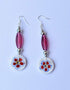 Blue Pottery Round Flat beads With Glass Bead Earring in White Base With Red Flower